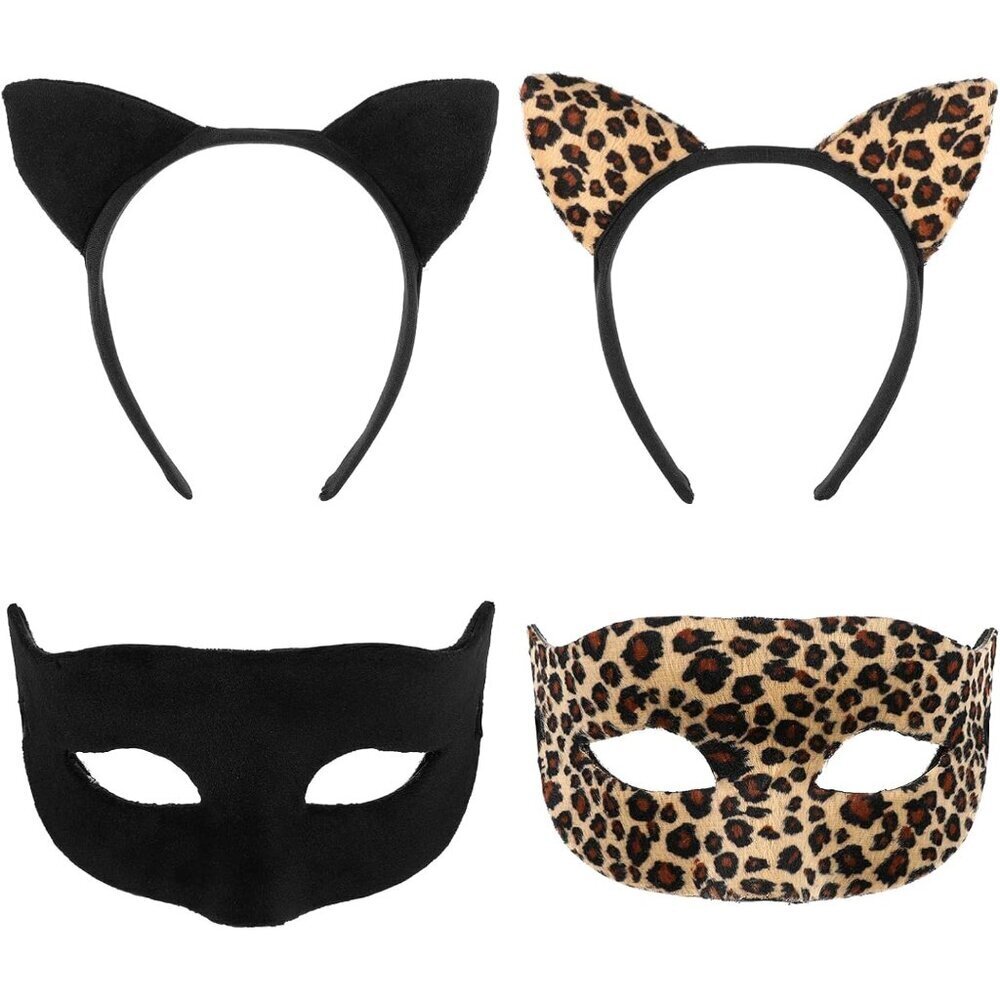 Cat Ears Headband & Masquerade Mask Set Plush Leopard Print Costume Accessory